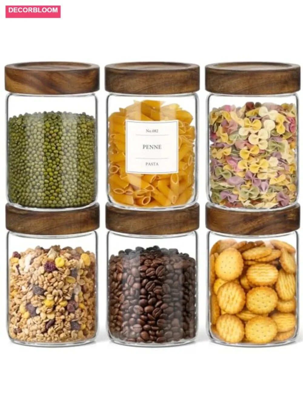 28oz Glass Storage Jars with Wood Lids - Airtight Pantry Containers (6-Pack)